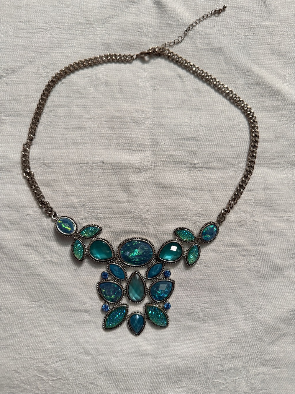 Silver Necklace with Teal & Aqua Gemstone Statement Pendant